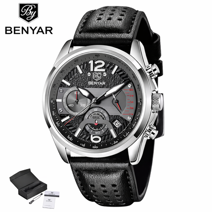 Reloj deportivo Benyar con correa de piel: cronógrafo informal para hombre 